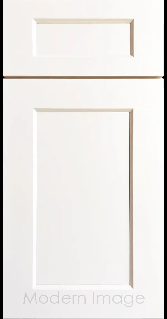 Laguna Frost White painted Shaker kitchen cabinet door with wide stiles & rails, inside profile and a flat center panel.